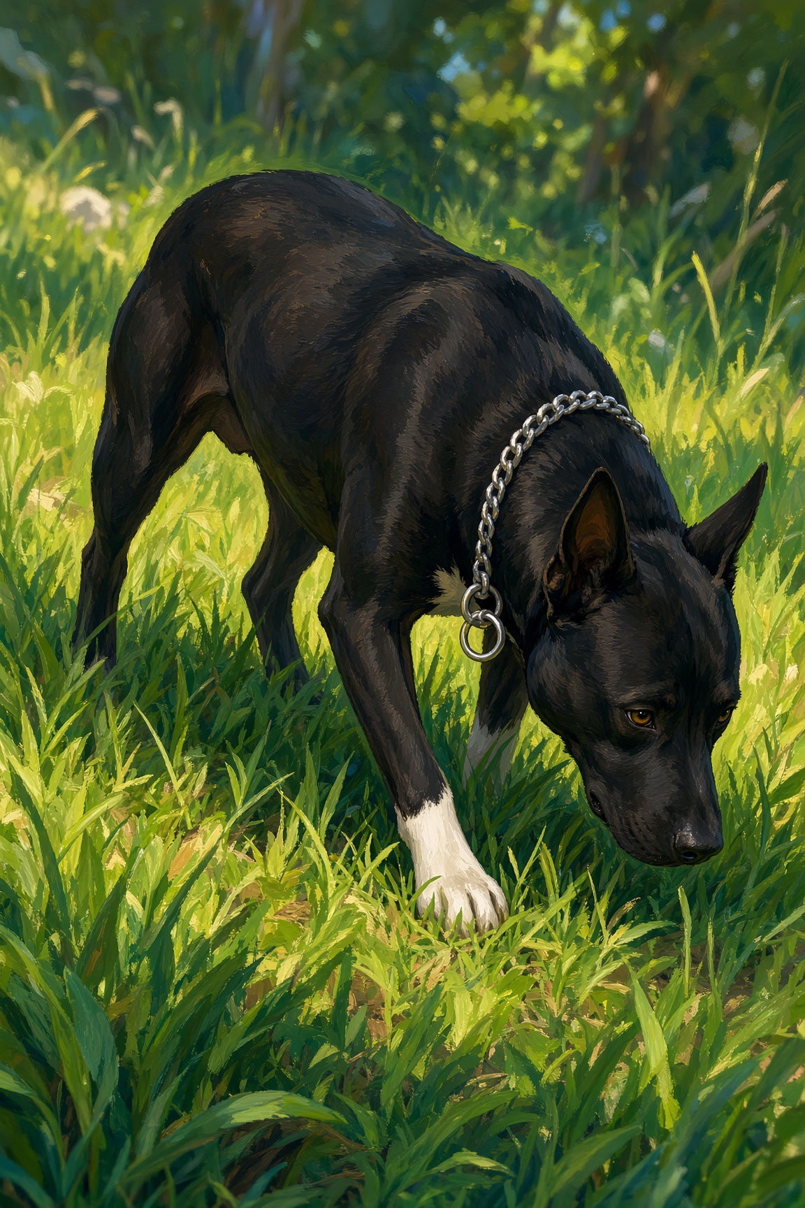 Painted portrait of Icee, a black dog with a silver chain and one white paw