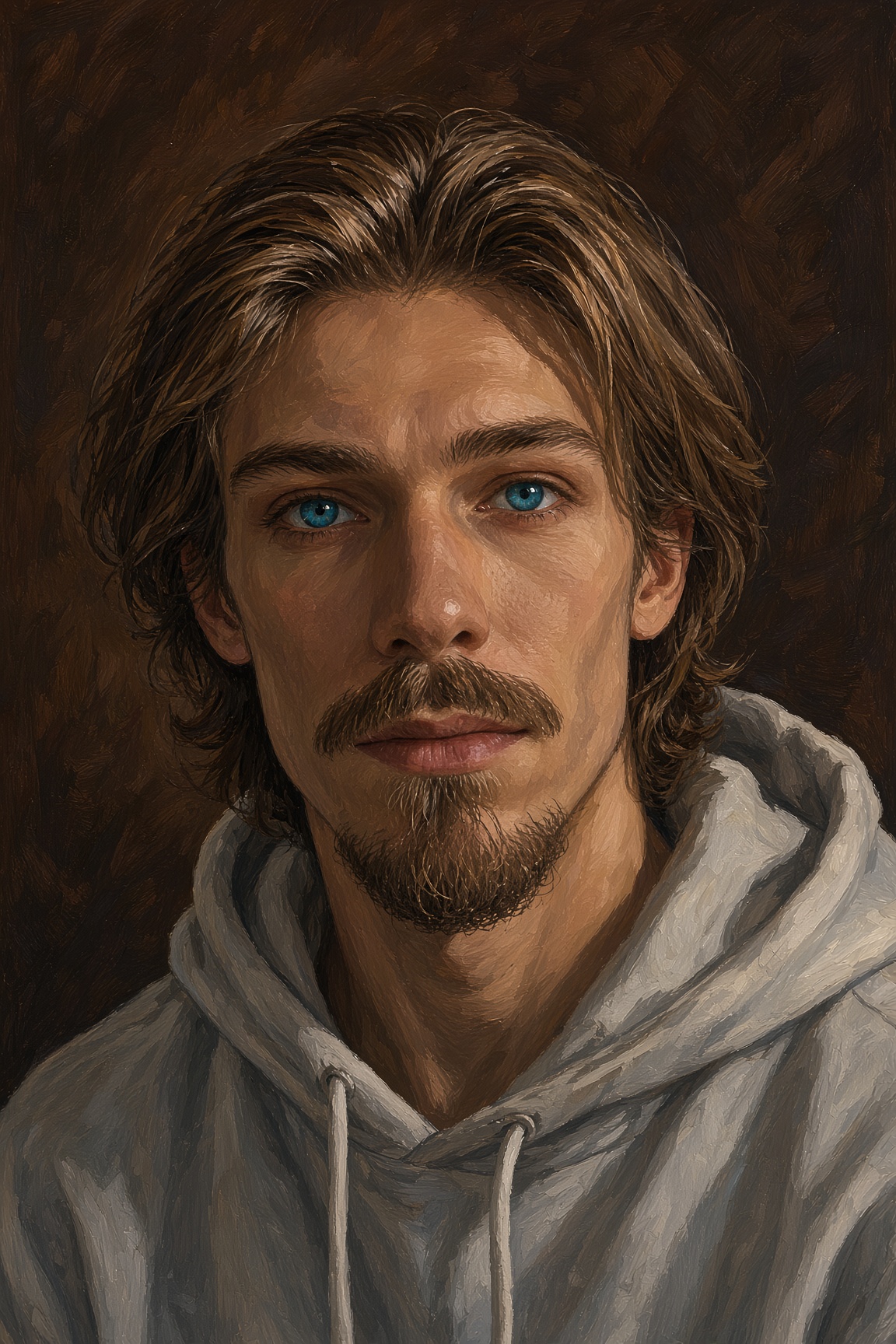 Painted portrait of Pot, ice-blue eyes and a gray hoodie
